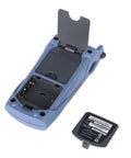 Back view of Handheld Optical Power Meter with battery compartment open, SC FC Connector for Fiber Optic Testing, -70 to +10 dBm Range.