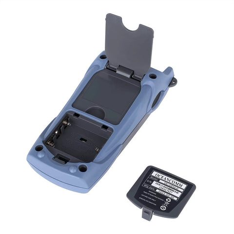 Back view of Handheld Optical Power Meter with battery compartment open, SC FC Connector for Fiber Optic Testing, -70 to +10 dBm Range.