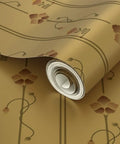 Top Tier Beige Floral Stripe Metallic Wallpaper With Glowing Gold Accents And Major Textured Fibrous Finish, rolled up, detailed view.