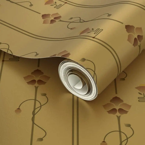 Top Tier Beige Floral Stripe Metallic Wallpaper With Glowing Gold Accents And Major Textured Fibrous Finish, rolled up, detailed view.