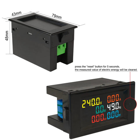 Power Detector Multi Function Meter With LCD Display For AC 40-300V And 0-99.99A Reads Voltage Current Active Power Energy Frequency Power Factor Voltmeter And Ammeter On A Clear HD Color Screen, showing dimensions and reset button instruction.