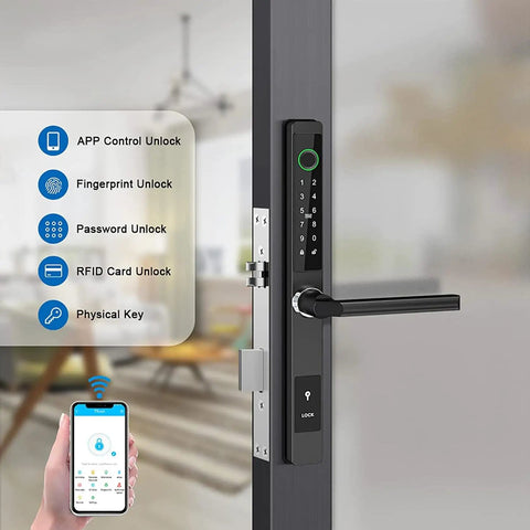 Hassle Free Smart Keyless Entry Door Lock Featuring Fingerprint Electronic Deadbolt Auto Lock Password Card Swipe Solid Apartment Security Quick Install Smooth Nightly Entry with smartphone unlock options.