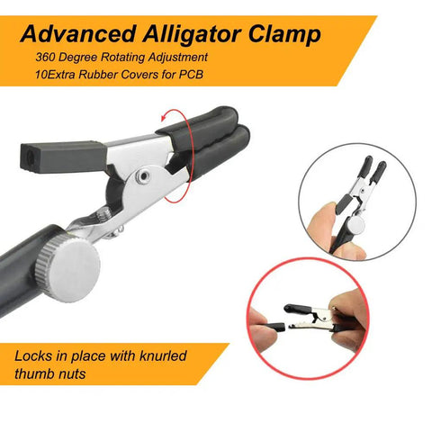 Detail of 360-degree rotating alligator clamp for Beefy Magnetic Helping Hands Soldering Station, focusing on rubber covers and knurled nuts.