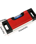 Magnetic Pocket Level Mini Bubble Spirit Level Tool With 2 Vials 90°/180° in red and black, compact size with two vials.