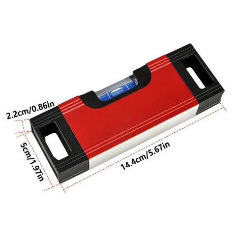 Magnetic Pocket Level Mini Bubble Spirit Level Tool With 2 Vials 90°/180° in red and black, compact size with two vials.