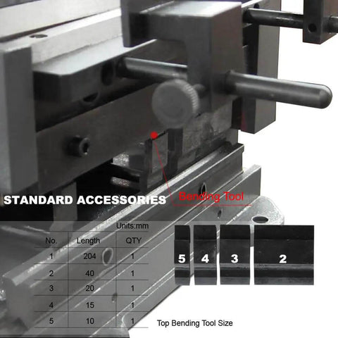 Close-up of bending tool accessories for Compact 8 Inch Manual Sheet Metal Shear And Brake Combo For 20 Gauge Steel 90 Degree Bends
