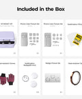 Auto 3D Vacuum Phone Case Heat Press Machine For Custom Sublimation Printing On Curved IPhone And Android Covers With Straight Fire Vivid Graphics And Boss Level Build Quality For Side Hustle Creators included items diagram showing heat press, fixtures, sublimation film, gloves, badges, and tape.