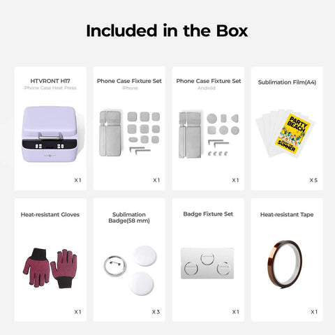 Auto 3D Vacuum Phone Case Heat Press Machine For Custom Sublimation Printing On Curved IPhone And Android Covers With Straight Fire Vivid Graphics And Boss Level Build Quality For Side Hustle Creators included items diagram showing heat press, fixtures, sublimation film, gloves, badges, and tape.