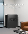 2.0 Cub Safe Box With Backlit Touch Screen Keypad, Dual Alarm System in office setting, shown beside a table and chair.