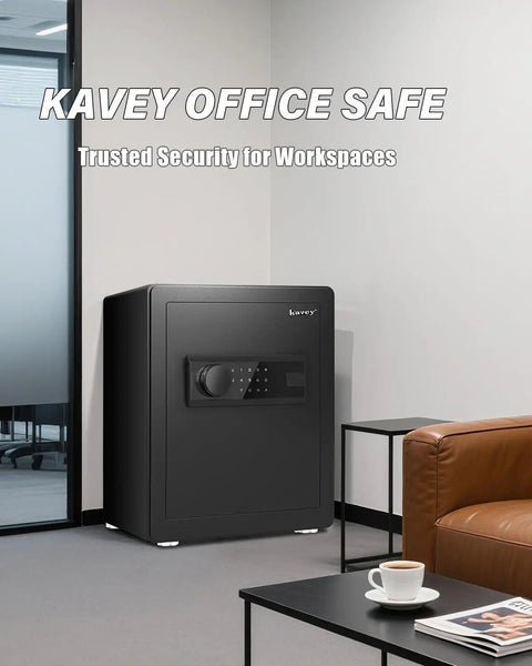 2.0 Cub Safe Box With Backlit Touch Screen Keypad, Dual Alarm System in office setting, shown beside a table and chair.