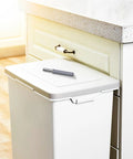 Heavy Duty Hydraulic Door Damper With Dead Silent Soft Close Piston Pump For No Sweat Setup On Bottom Or Side Hinged Trash Laundry Chute Doors on white trash can.