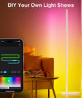 Smart RGB Corner Floor Lamp with App And Remote displayed next to phone app, casting vibrant multicolor light in a cozy living room.