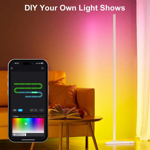 Smart RGB Corner Floor Lamp with App And Remote displayed next to phone app, casting vibrant multicolor light in a cozy living room.