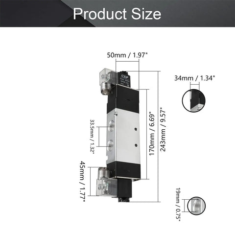 Top Shelf 1/2 Inch Pneumatic Solenoid Air Valve Dc24V Five Port Three Position Control Aluminum Cast Body Tight Seal Smooth Slide Straight Shot Industrial Solenoid Valve