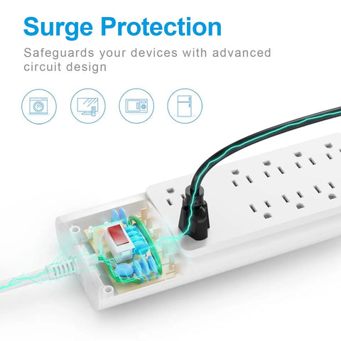 Detailed view of 14 In 1 Surge Protector Power Hub With 10 AC Outlets And 4 USB Ports, 1875W 2100 Joules, demonstrating surge protection