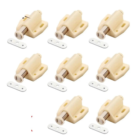 Top Shelf White Cabinet Push To Open Latches 8 Piece Set featuring beige magnetic door dampers for smooth close operation.