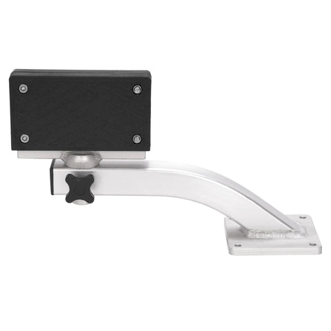 Side view of HECASA universal 90-degree trolling motor bracket with aluminum arm and black deck-mount box