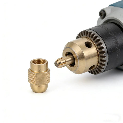 Ultimate 11 Pc Replacement Drill Chuck Collet Set With Copper Nuts Mini Bits High Rotary Tool Parts Heavy Duty 8mm Tail close-up of chuck and copper nut.