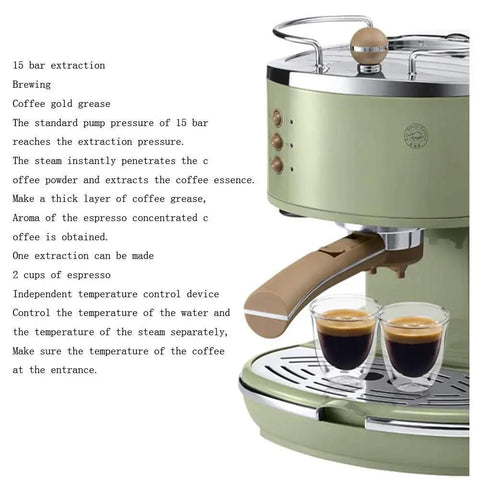 Retro Semi Automatic Coffee Machine With Built In Grinder And 15 Bar Pressure For Buttery Smooth Lattes And Cappuccinos, showing 2 cups of espresso.