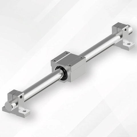 Aluminum SCS8UU linear bearing block on a silver rod with end-mount brackets; installed view.