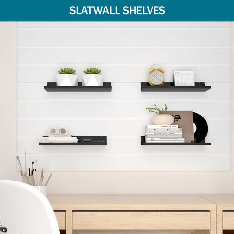 Heavy Duty Slatwall Shelves 6 Pack 12.5 Inch By 5 Inch Metal Wall Shelves For Garage, Retail, And Home Storage Black Finish Durable Steel Slat Wall Organizer Set installed on white wall holding decor items.