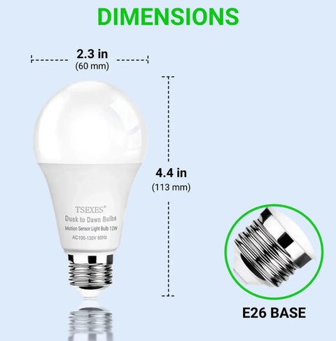 Motion Sensor LED Light Bulbs 12W 100W Equivalent Daylight 5000K 4 Pack With Dusk To Dawn Auto On Off Detects Motion Up To 20 Feet Turns Off After 30 Seconds Super Easy Install Great For Hallways Closets Porches E26 base bulb dimensions 2.3 in by 4.4 in
