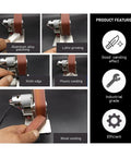 Compact Mini Belt Grinding Machine Tool Sharpening Sander Electric Polisher for Desktop showing aluminum polishing and wood sanding.