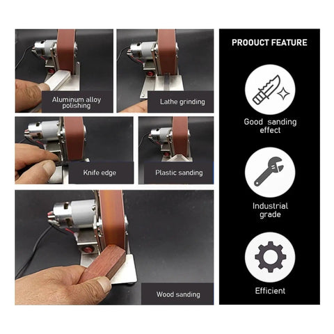 Compact Mini Belt Grinding Machine Tool Sharpening Sander Electric Polisher for Desktop showing aluminum polishing and wood sanding.