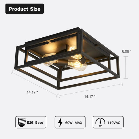 Black 3 Light Flush Mount Ceiling Fixture With Industrial Metal Style 14.17x14.17x6.06 inches, 60W max E26 base