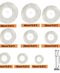 Versatile Mini Diamond Cutting Disc Set For Grinding And Precise Slicing of various sizes and a mandrel for rotary tools.