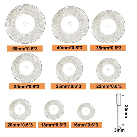 Versatile Mini Diamond Cutting Disc Set For Grinding And Precise Slicing of various sizes and a mandrel for rotary tools.