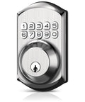Heavy Duty Keyless Entry Deadbolt With Keypad For Front Door Lock Featuring Hidden Passcode And 20 User Pins In Sleek Satin Nickel Finish close-up view.