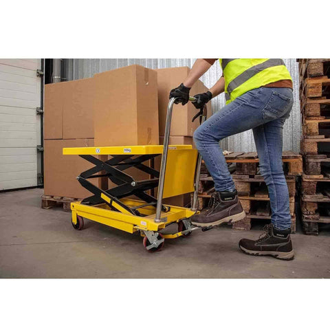 Hefty Load Rated Pedal Hydraulic Table Lifter Powered By Double Scissor Lift And Slick Foot Pump For Zero Drama Height Tweaks Between Two And Five Feet On An Ultra Stable Portable Work Cart With Grip Tight Locking Wheels