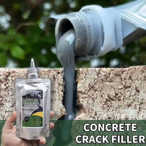 Concrete Crack Filler High Elasticity Liquid Cement Sealant poured onto a crack, packaging shown, 200ML, Blue color.