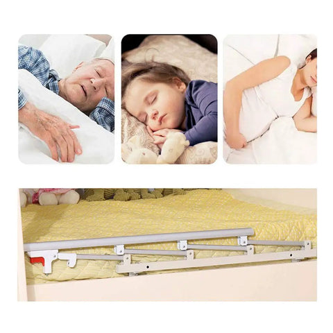 Foldable Bed Rail Guard For Elderly And Kids, Comfy Side Barrier For Single Beds shown alongside sleeping individuals.