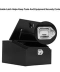 Heavy Duty 36 Inch Trailer Tongue Tool Box With Angled Sloped Lid Steel Storage Chest Built Tough As Nails For RV Gear Trailers And Camping Organization Rig Ready Hitch Accessory showing lockable latch detail.