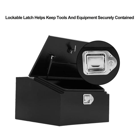 Heavy Duty 36 Inch Trailer Tongue Tool Box With Angled Sloped Lid Steel Storage Chest Built Tough As Nails For RV Gear Trailers And Camping Organization Rig Ready Hitch Accessory showing lockable latch detail.