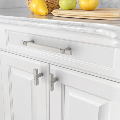 Close-up of installed 10 Pack 5 Inch Brushed Satin Nickel Cabinet Handles (128mm) for Kitchen Cabinets and Drawers