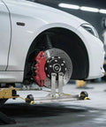 Pro Grade DIY Friendly Wheel Alignment Tool Set installed on a white car, showing stainless steel toe plates and connection sheet
