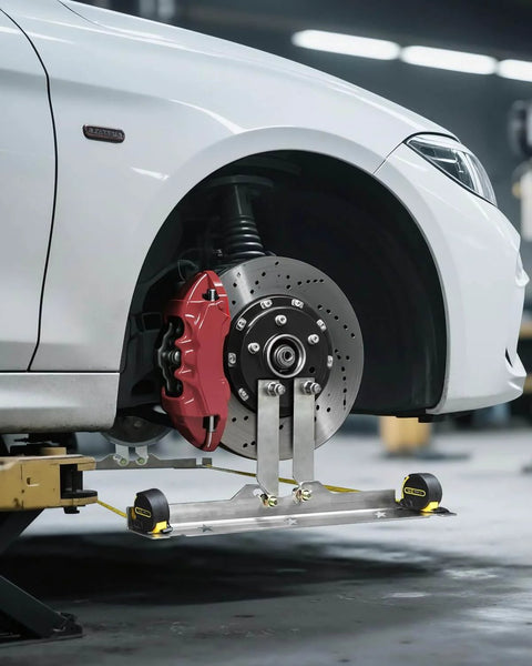 Pro Grade DIY Friendly Wheel Alignment Tool Set installed on a white car, showing stainless steel toe plates and connection sheet