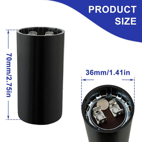 Universal Round Start Capacitor 161-193 uF 220-250V AC For Motors And Appliances Replacement Part 50 60 Hz High Temp -40C To 65C Durable CD60 Compatible Replacement For Any Brand With The Same Capacitance And Voltage Easy Install Durable Build, black cylindrical capacitor 70mm x 36mm