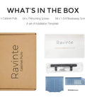 Box contents of 32 Pack Matte Black Stainless Steel Cabinet Pulls Seven And Three Eighths Inch Long With Five Inch Center To Center Hole Spacing And Mounting Template For Easy Kitchen Drawer And Cabinet Hardware including screws and template.