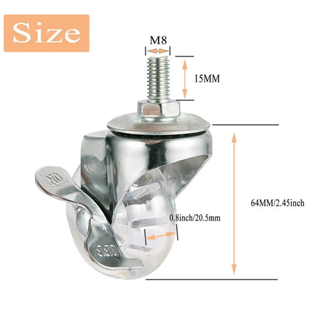 Heavy Duty 2 Inch Swivel Caster Wheels With Side Brake And M8 X 15Mm Stem, side view showing dimensions and clear polyurethane tread.