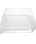 Meat Pan Crisper Bin Compatible With Frigidaire Refrigerator Model 240342830 shown is a clear plastic fridge drawer replacement.