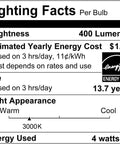 Lighting facts for Two Pack E12 LED Candelabra Bulbs, 400 Lumens, 4W, 3000K Warm White, Energy Star rated, 13.7 years lifespan.