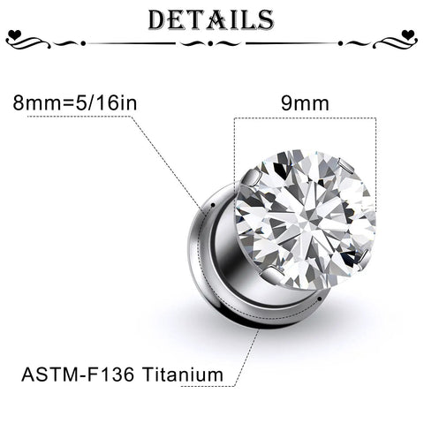 ASTM F136 Titanium 0G Round CZ Ear Gauges Tunnels Screw Fit Flesh Plugs Earring for 8mm Body Piercing Jewelry