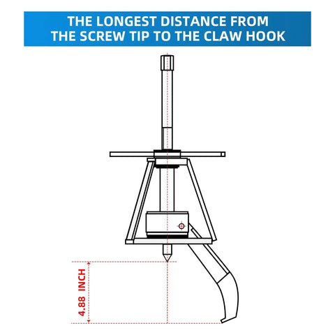 Diagram of Heavy Duty 3 Jaw Gear Puller Set with 4.88 inch measurement from screw tip to claw hook for precise gear extraction.
