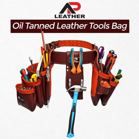 Premium Oil Tanned Leather Tool Belt And Pouch Set For Carpenters Pro Grade Heavy Duty 28 Pocket Maroon Tool Belt With tools