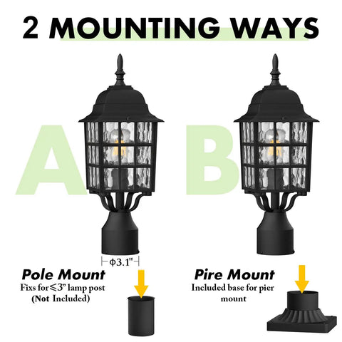 Outdoor Post Light 2 Pack Black Aluminum Lanterns With Pier Mount Base Waterproof Rust Resistant Exterior Lamps Featuring Water Ripple Glass shown in mounting options.