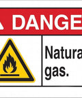 Danger sign with flame symbol and text 'Natural gas.'